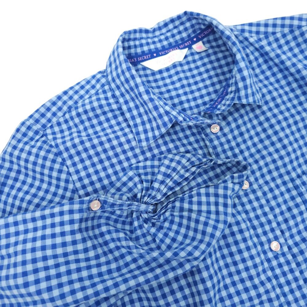 Victorias Secret Button Front Sleep Shirt Womens S Blue Check 3/4 Quarter Sleeve